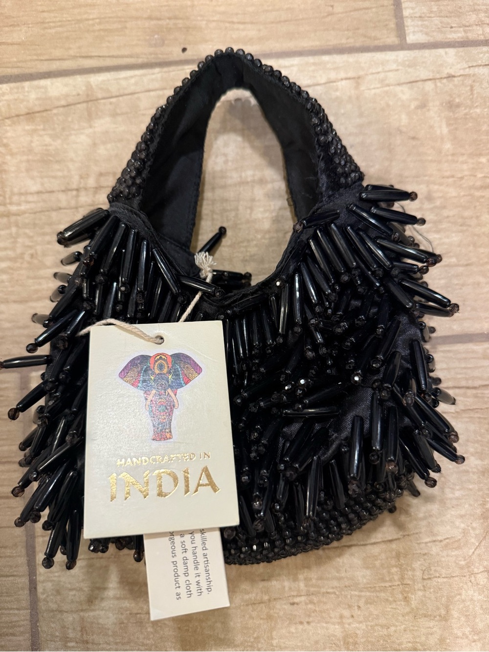 Hand Crafted in India Black Beaded Mini Bag with Tube Bead Fringe